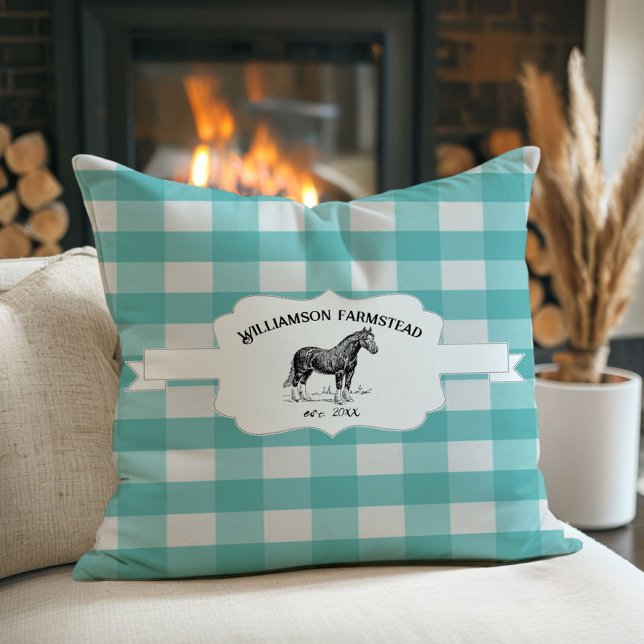 Aquamarines Buffalo-Kariertes Bauernpferd Kissen (Teal Buffalo Plaid Farm Horse Throw Pillow)