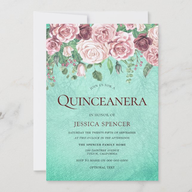 Aquamarines Burgund & Blush Quinceanera Party lade Einladung (Vorderseite)