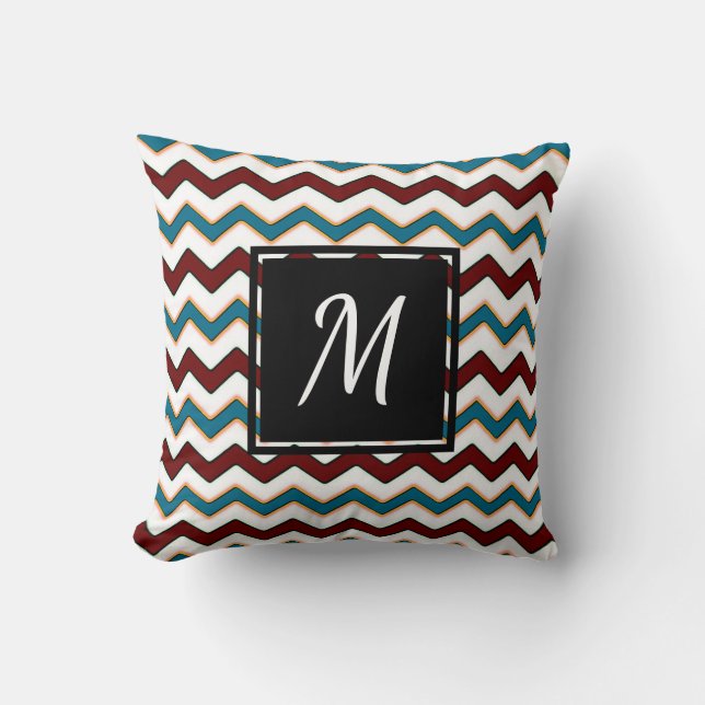 Aquamarines Burgund Zickzack Monogramm Chic Throw  Kissen (Vorderseite)