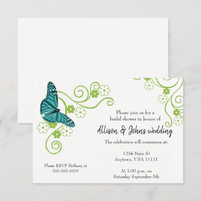Aquamarines Butterfly Floral Brautparty Einladung (Vorne/Hinten)