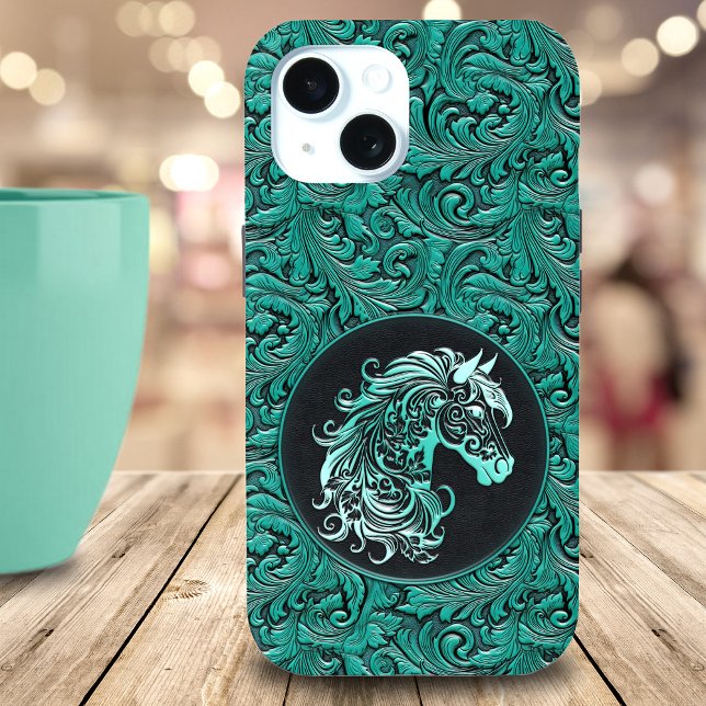 Aquamarines Cowgirl mit Blumenwerkstoff aus Leder Case-Mate iPhone Hülle (Teal cowgirl floral tooled leather horse head Case-Mate iPhone case)