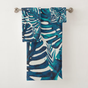 Aquamarines Cyan Green Tropical Palm Blätter Summe Badhandtuch Set