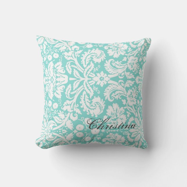 Aquamarines Damast-Muster-Monogramm-Kissen Kissen (Vorderseite)