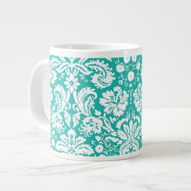 Aquamarines Damastmuster des Aqua-Türkises Jumbo-Tasse (Vorderseite Links)