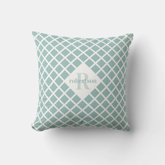 Aquamarines Diamantmuster Modernes Monogramm Kissen (Vorderseite)