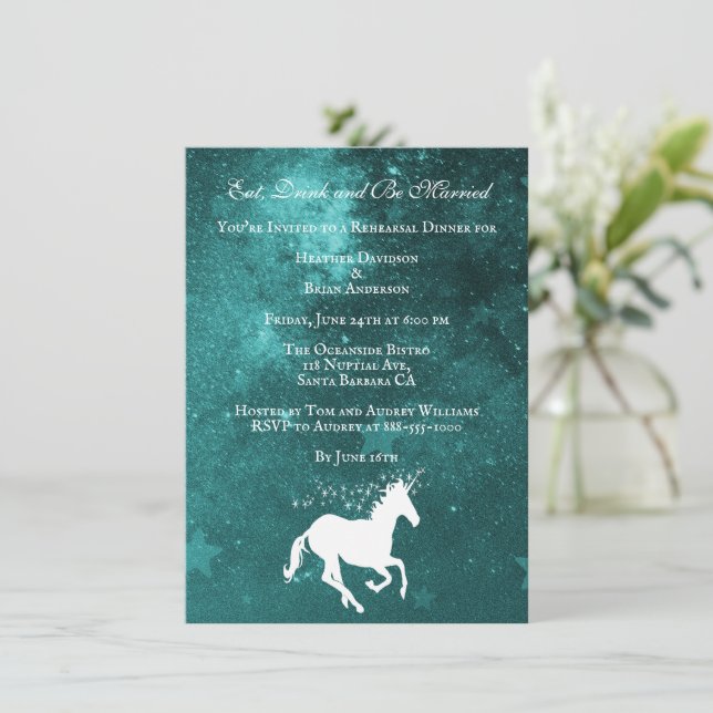 Aquamarines Einhorn Hochzeitsessen Probe einladen Einladung (Stehend Vorderseite)