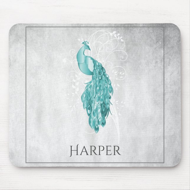 Aquamarines elegantes Pfau-Personalisiert-Mauspad Mousepad (Vorne)