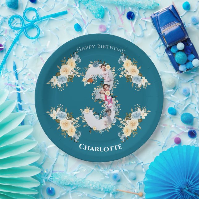 aquamarines Foto Collage Blue Yellow Blume Pappteller (Party)