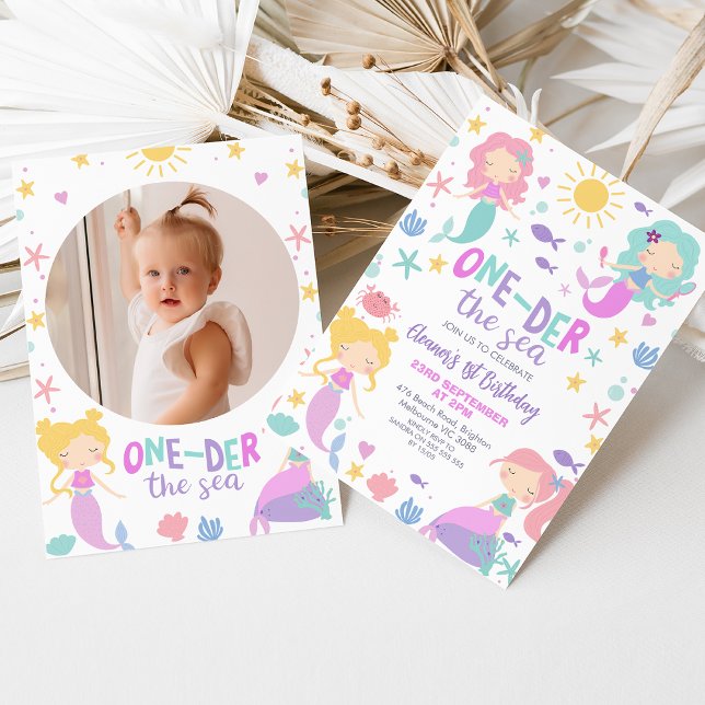 Aquamarines Foto Mermaid Oneder Sea 1. Geburtstag Einladung (Editable Oneder the Sea Mermaid 1st Birthday Invitation, First 1st Mermaid Birthday, Little Mermaid )