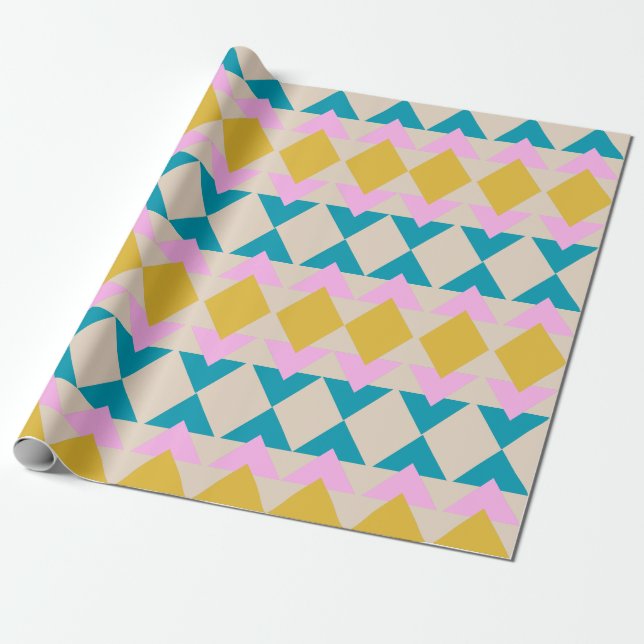Aquamarines gelbes Rosa  geometrisches Muster Nied Geschenkpapier (Ungerollt)