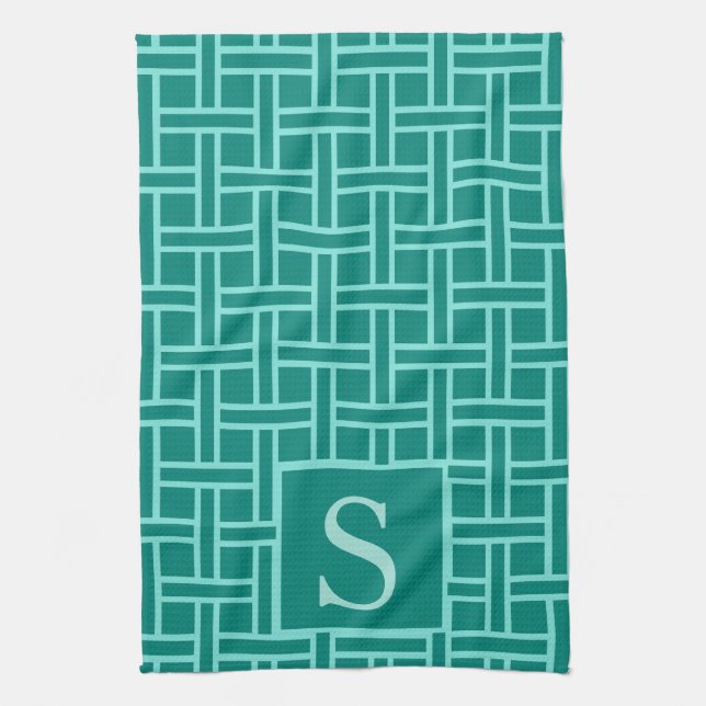 Aquamarines geometrisches Mustermonogramm Geschirrtuch (Vertikal)