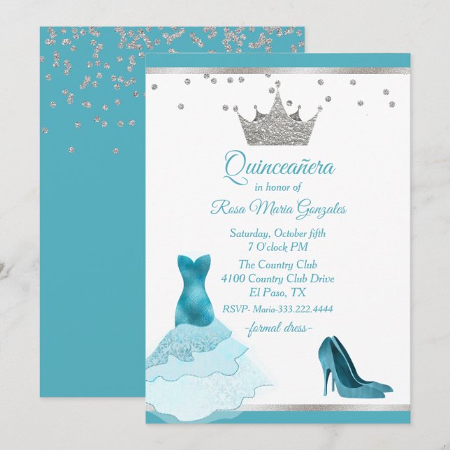 Aquamarines Gewand mit Silberkrone Quinceanera Einladung (Vorne/Hinten)