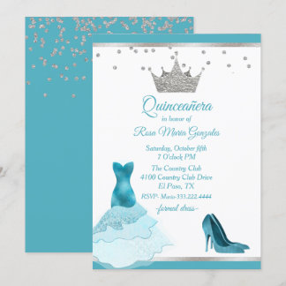 Aquamarines Gewand mit Silberkrone Quinceanera Einladung