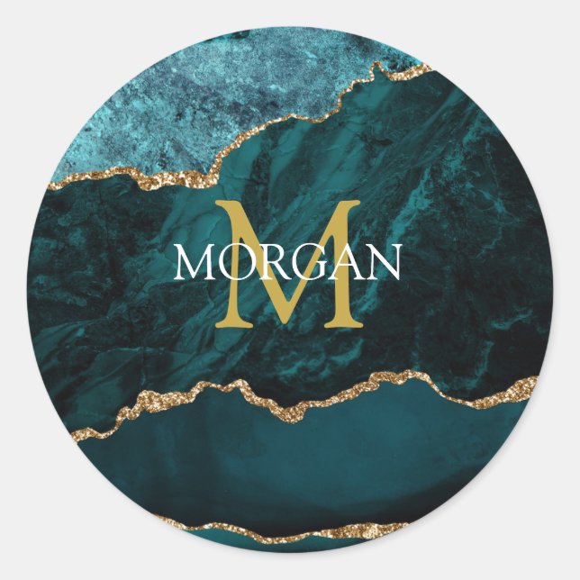 Aquamarines Gold Black Agate, Name & Monogramm, Go Runder Aufkleber (Vorderseite)