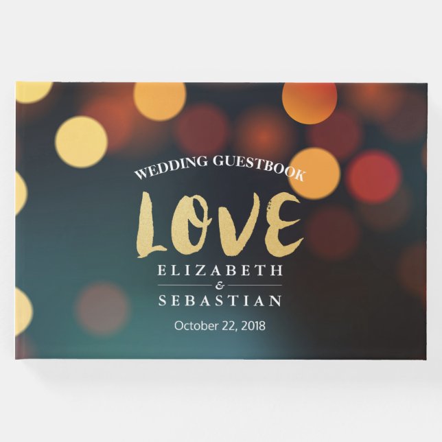 Aquamarines Gold Bokeh String Lights Wedding Gäste Gästebuch (Vorderseite)