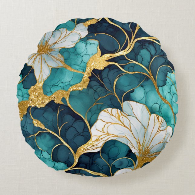 Aquamarines Gold der japanischen Flora Rundes Kissen (Vorderseite)