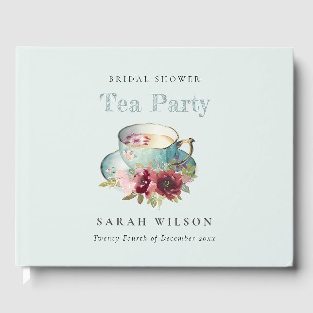 Aquamarines Gold Floral Teacup Brautparty Teezerem Gästebuch (Vorderseite)