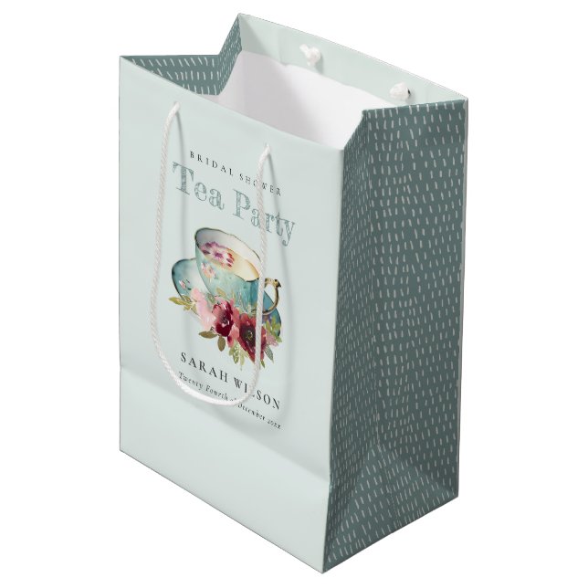 Aquamarines Gold Floral Teacup Brautparty Teezerem Mittlere Geschenktüte (Vorderseite Schrägansicht)