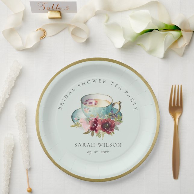 Aquamarines Gold Floral Teacup Brautparty Teezerem Pappteller (Hochzeit)
