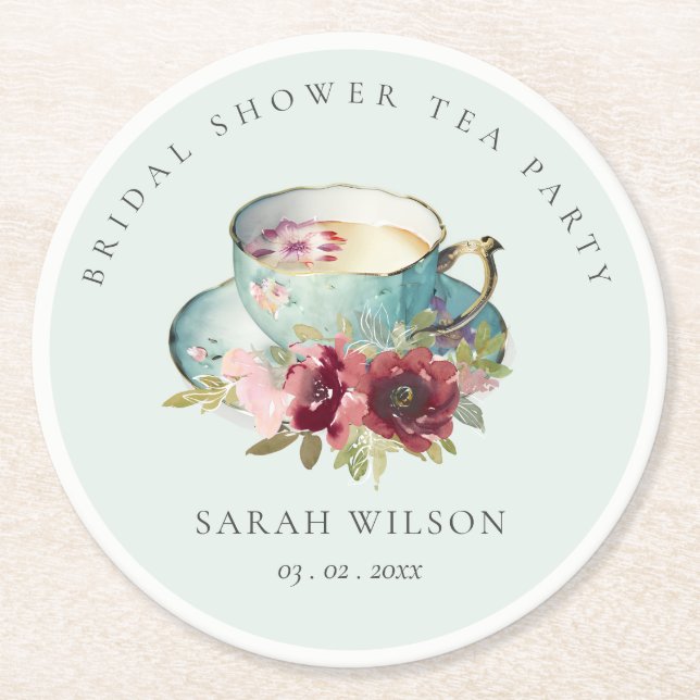 Aquamarines Gold Floral Teacup Brautparty Teezerem Runder Pappuntersetzer (Vorderseite)