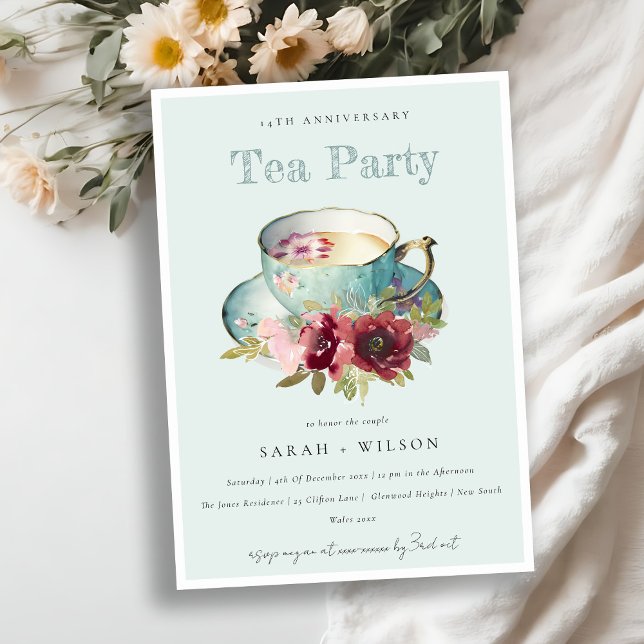 Aquamarines Gold Floral Teacup Jährliches Jubiläum Einladung (Von Creator hochgeladen)