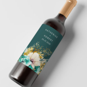 Aquamarines Gold Luxuriöses Blumenweinlabel Set Weinetikett
