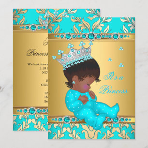 Aquamarines Gold Pearl Princess Baby Shower Ethnic Einladung