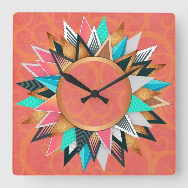 Aquamarines Gold Pink Aztec Südwestdekor Quadratische Wanduhr (Vorderseite)