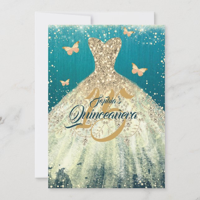 Aquamarines Gold Sparkline Schmetterlingskleid Qui Einladung (Rückseite)