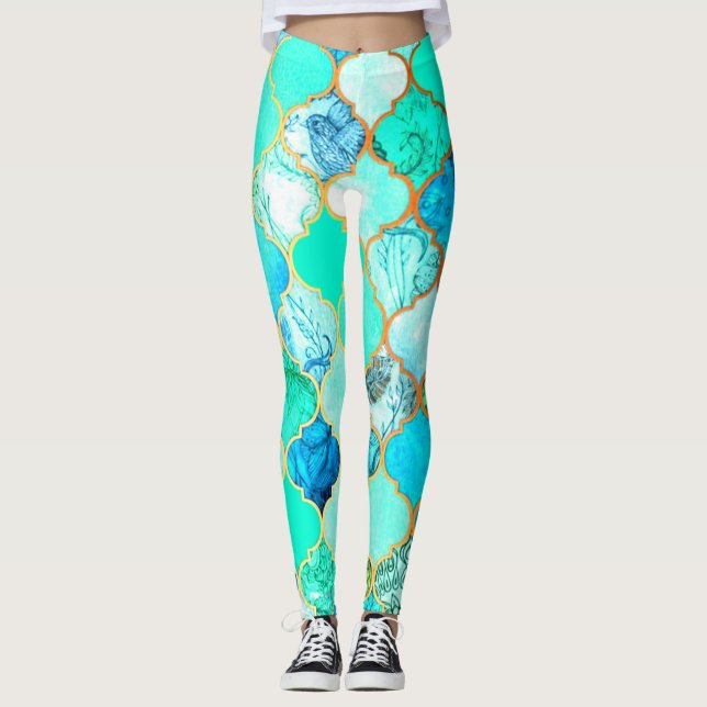 Aquamarines, goldenes, blaugrünes Meerjungmuster Leggings (Vorderseite)