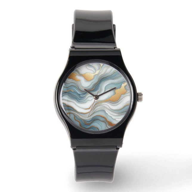Aquamarines graues blaues Goldmarmor Kunstmuster Armbanduhr (Vorderseite)