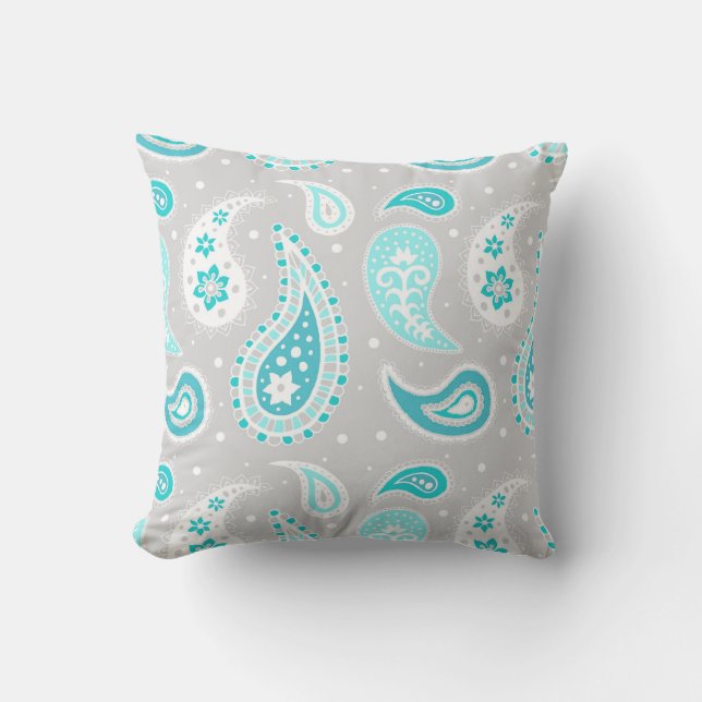 Aquamarines graues Paisley-Muster-dekoratives Kissen (Vorderseite)