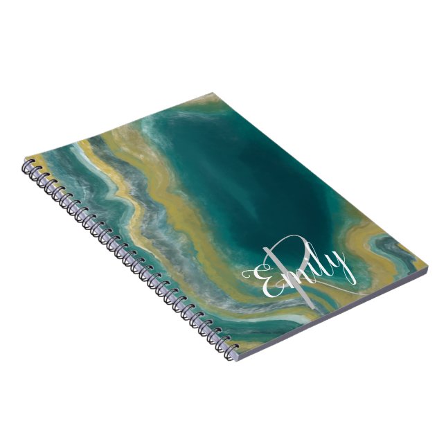 Aquamarines Green Agate Marble Abstrakt Name Monog Notizblock (Rechte Seite)