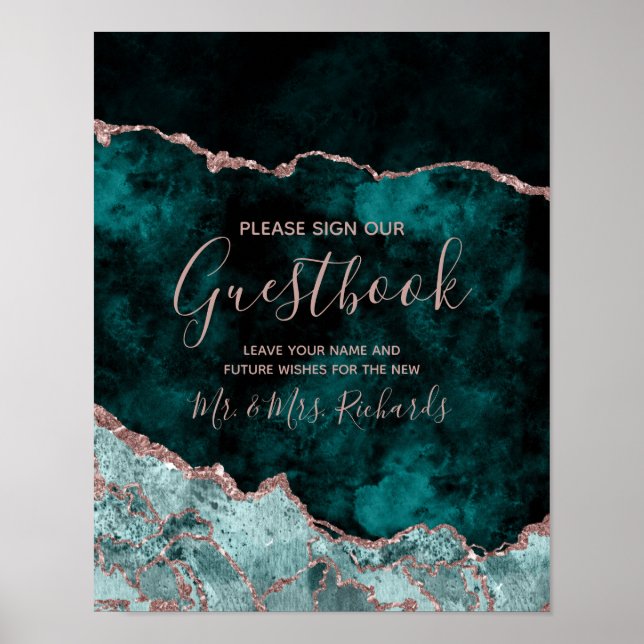 Aquamarines Green Agate Rose Gold Wedding Gästebuc Poster (Vorne)