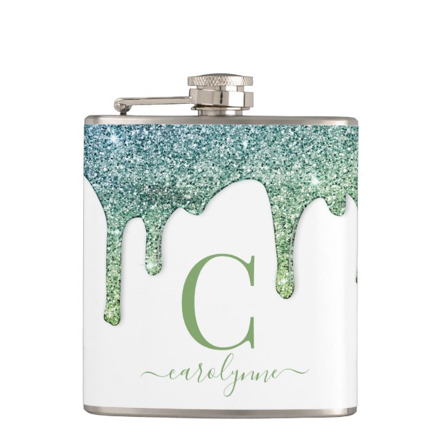 Aquamarines Green Aqua Sparkle Glitzer Tropfen Mon Flachmann (Vorderseite)