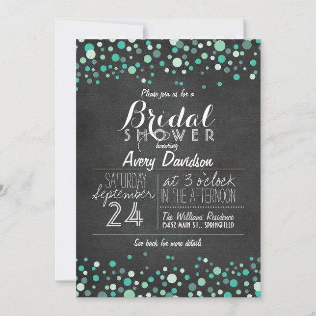 Aquamarines Green Confetti Chalkboard Brautparty Einladung (Vorderseite)
