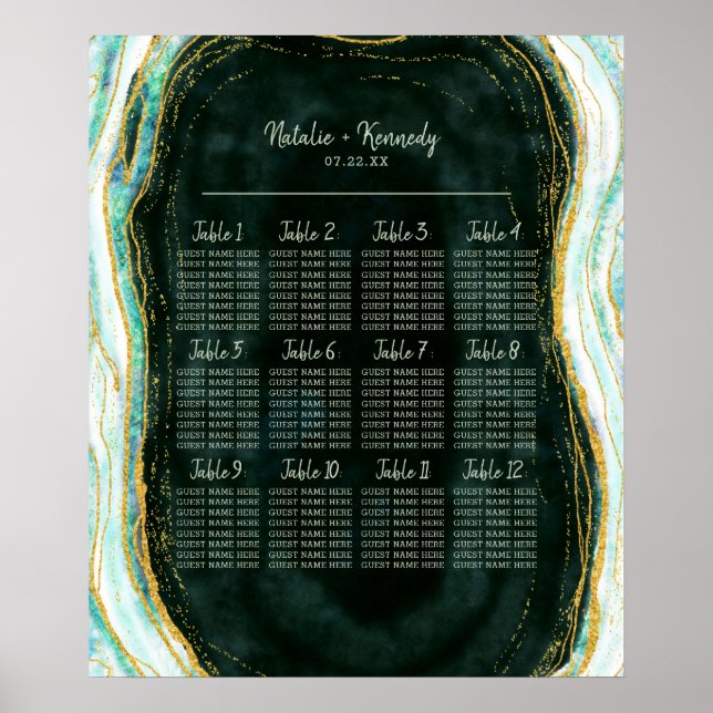Aquamarines Green Gold Agate Hochzeitstisch Poster (Vorne)