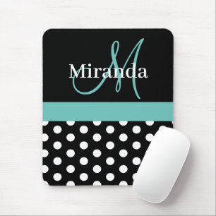 Aquamarines Green Schwarz-weiß Polka Dot Monogram Mousepad