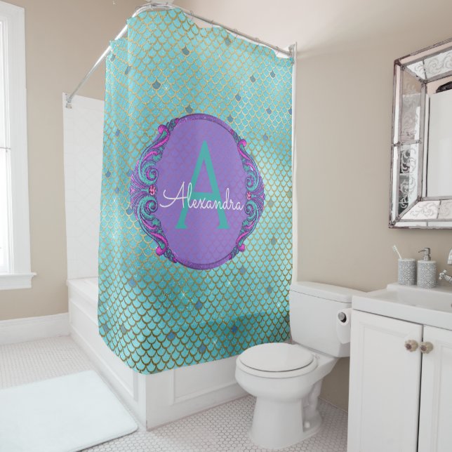 Aquamarines Green und Lila Mermaid-Monogramm Duschvorhang (Beispiel)