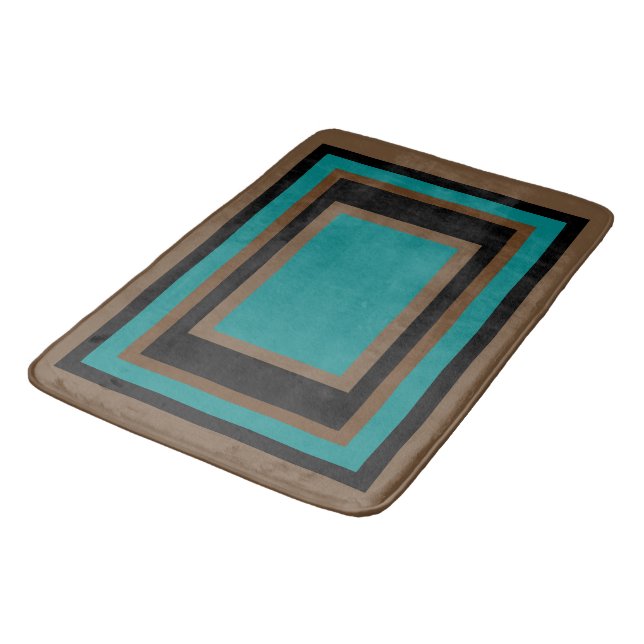 Aquamarines grün-braunes geometrisches Blockmuster Badematte (Schrägansicht)