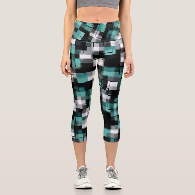 Aquamarines Grünes Blau Schwarz-weiß Abstrakt Capri Leggings (Vorderseite)