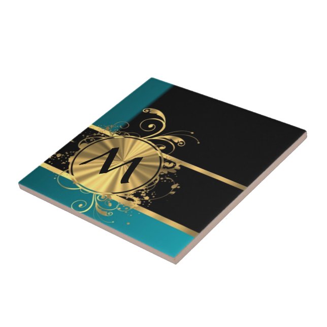 Aquamarines grünes Gold und schwarzes Monogramm Fliese (Seite)