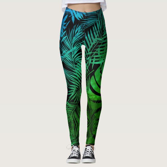 Aquamarines grünes, tropisches Palmenblatt Leggings (Vorderseite)