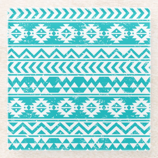 Aquamarines Grunge-Aztec-Stammmuster Glasuntersetzer (Vorderseite)