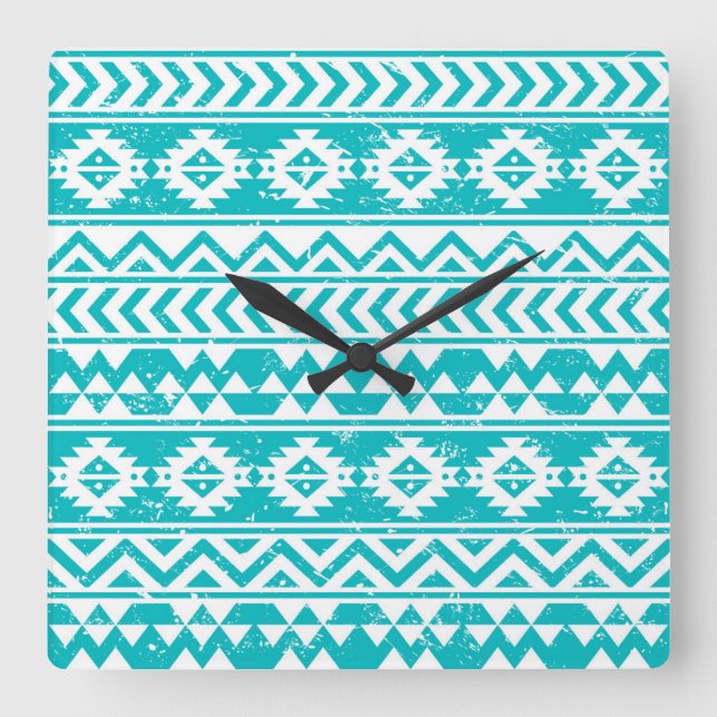 Aquamarines Grunge Aztec Tribal Muster Quadratische Wanduhr (Vorderseite)