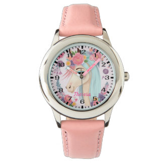 Aquamarines, hellfarbenes Haar Einhorn mit Blume Armbanduhr