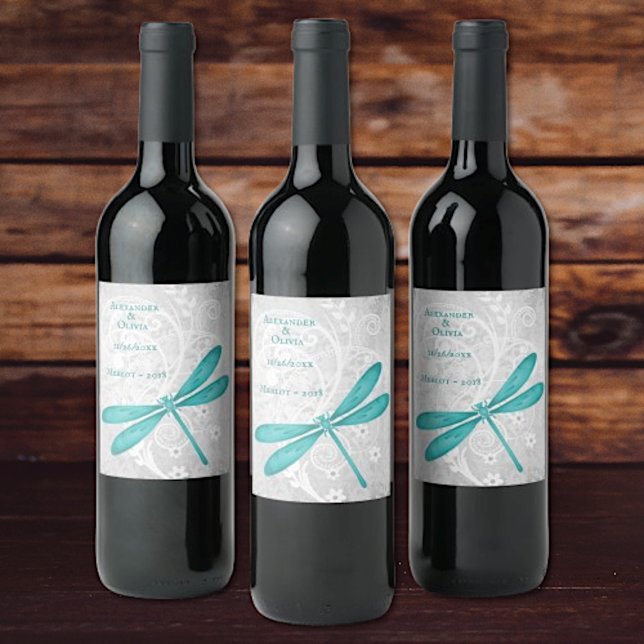 Aquamarines Hochzeitweinetikett Weinetikett (Teal Dragonfly Wedding Wine Label)