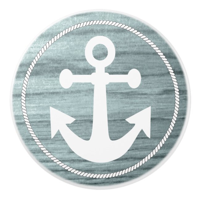 Aquamarines Holz mit einem nautischen Ankerdesign Keramikknauf (Vorderseite)
