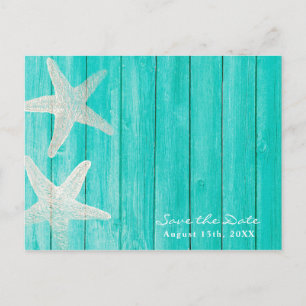 Aquamarines Holz & Starfish Strand Elegant Save th Ankündigungspostkarte