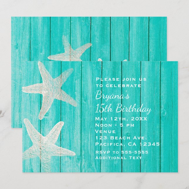 Aquamarines Holz & Starfish Strand Elegante Einlad Einladung (Vorne/Hinten)